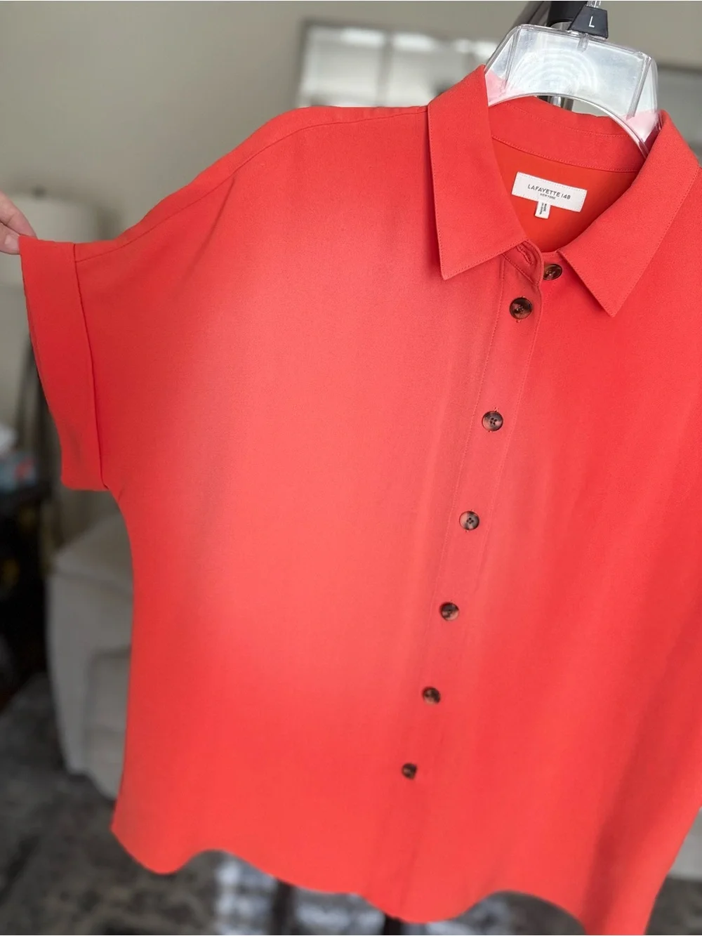 Lafayette 148 New York Bright Coral Button-Down Shirt - Picture 7 of 8